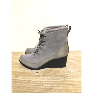 New Ugg Boots Womens 7.5 Gray Suede Bridgit Shearling Lined Trim Wedge Shoes